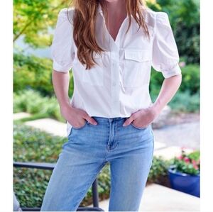 Finley Puff-Sleeve Weathercloth Camp Shirt White Lightweight Cotton Blend XXS